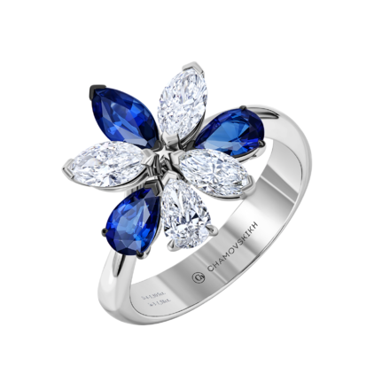 Кольцо с сапфирами и бриллиантами, белое золото 1