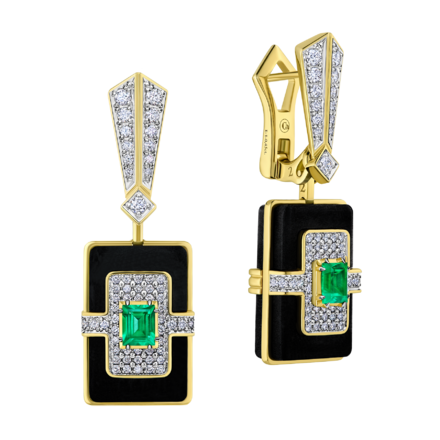 Серьги с изумрудами и бриллиантами, желтое золото, н.керамика, эбеновое дерево 1