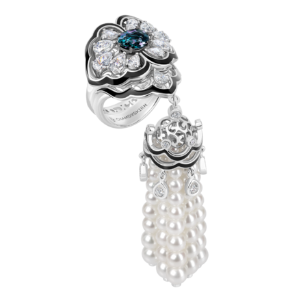 Кольцо с александритом, бриллиантами и жемчугом, белое золото, н.керамика 1