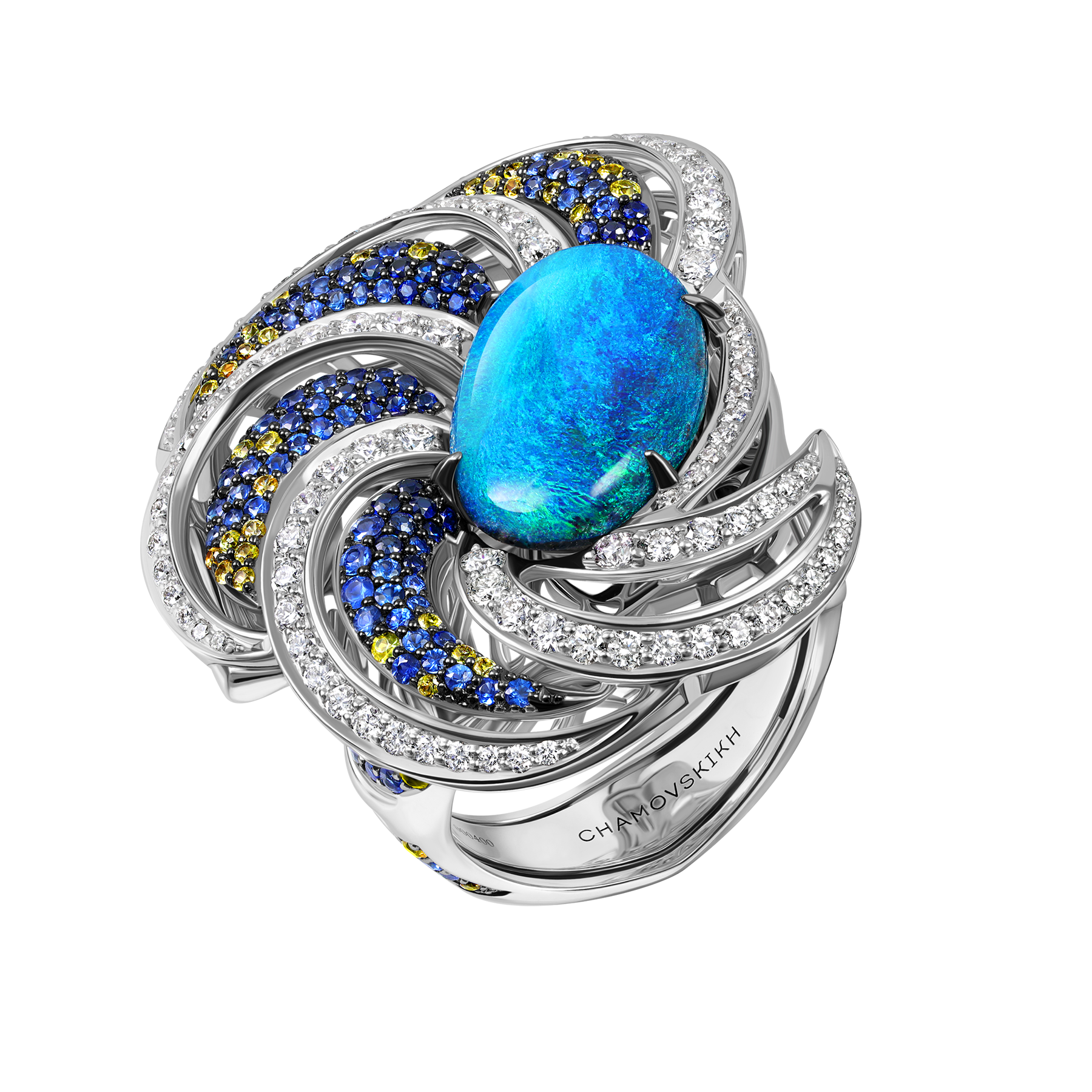 Кольцо с опалом, бриллиантами и сапфирами, белое золото