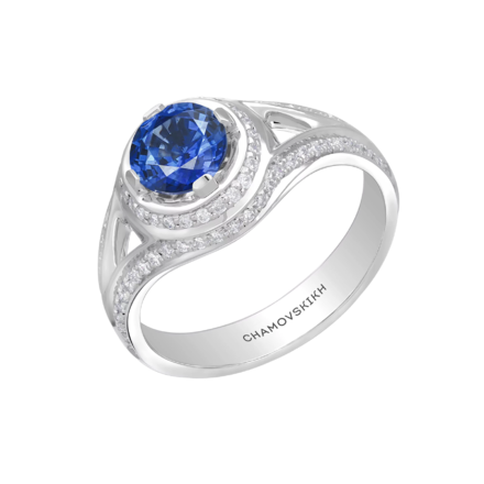 Кольцо с сапфиром и бриллиантами, белое золото 1