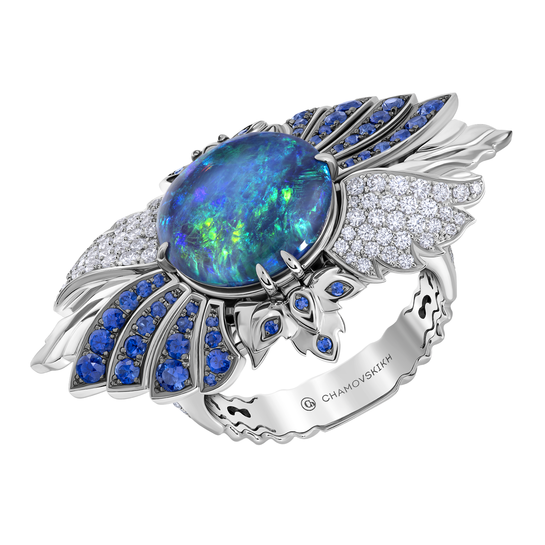Кольцо с опалом, бриллиантами и сапфирами, белое золото