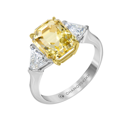Кольцо с жёлтым сапфиром и бриллиантами, белое золото 1