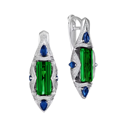 Серьги с верделитами и бриллиантами, белое золото 1