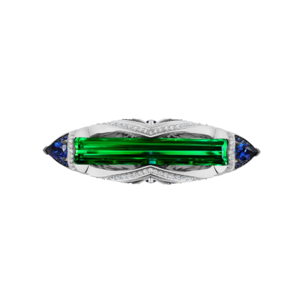 Брошь с турмалином верделит, бриллиантами и сапфирами, белое золото 1