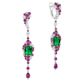 Серьги с верделитами, бриллиантами и рубинами, белое золото