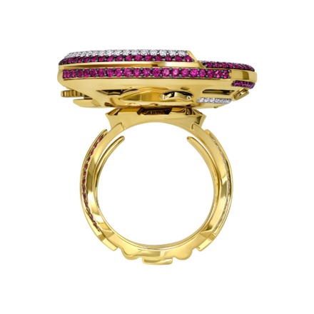 Кольцо с рубинами, бриллиантами и корундом, желтое золото 5