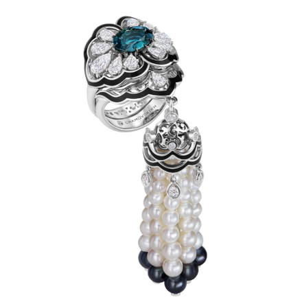 Кольцо с александритом, бриллиантами и жемчугом, белое золото 1