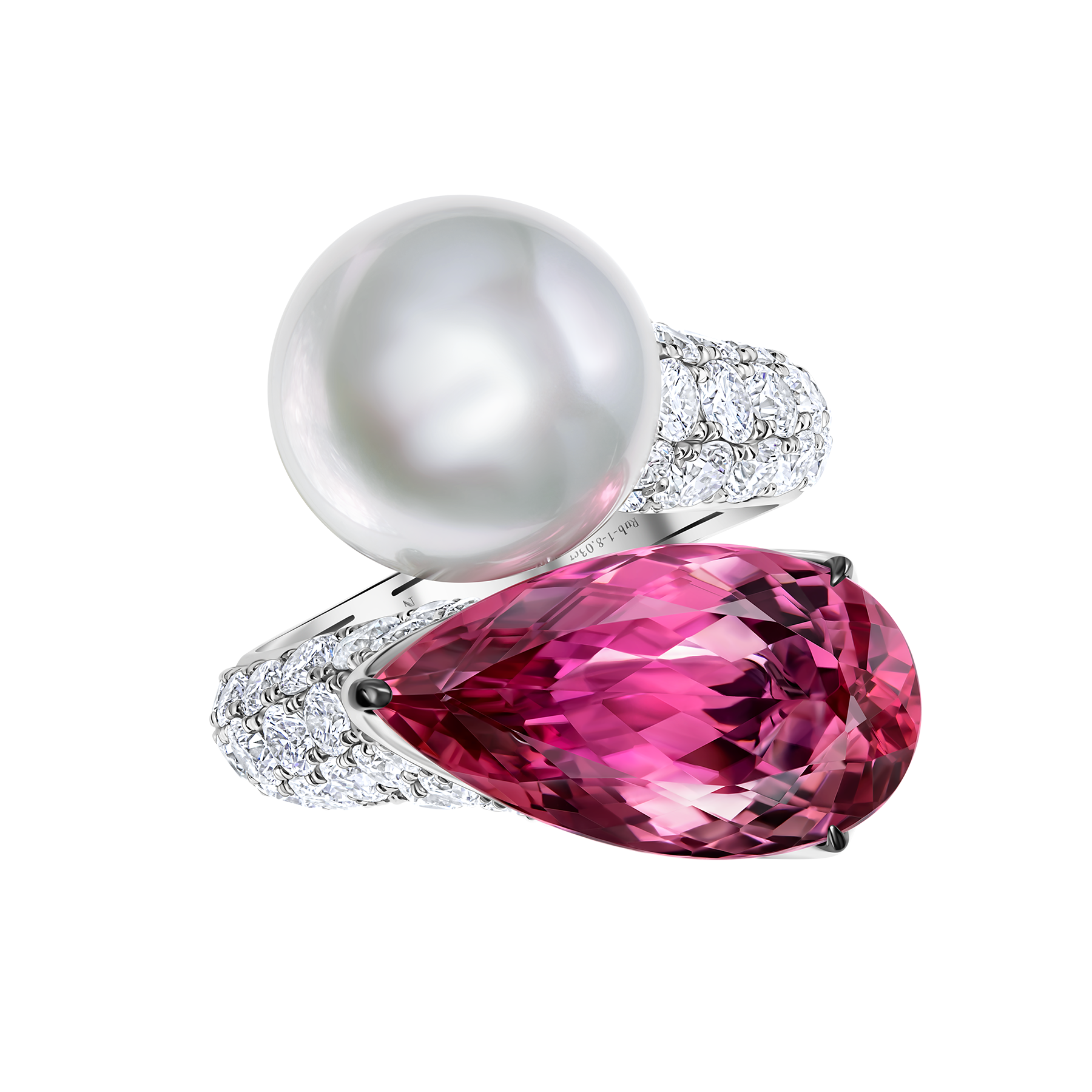 Кольцо с турмалином рубеллитом, жемчугом и бриллиантами, белое золото