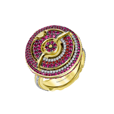 Кольцо с бриллиантами, рубинами и сапфирами, желтое золото, н.керамика 1