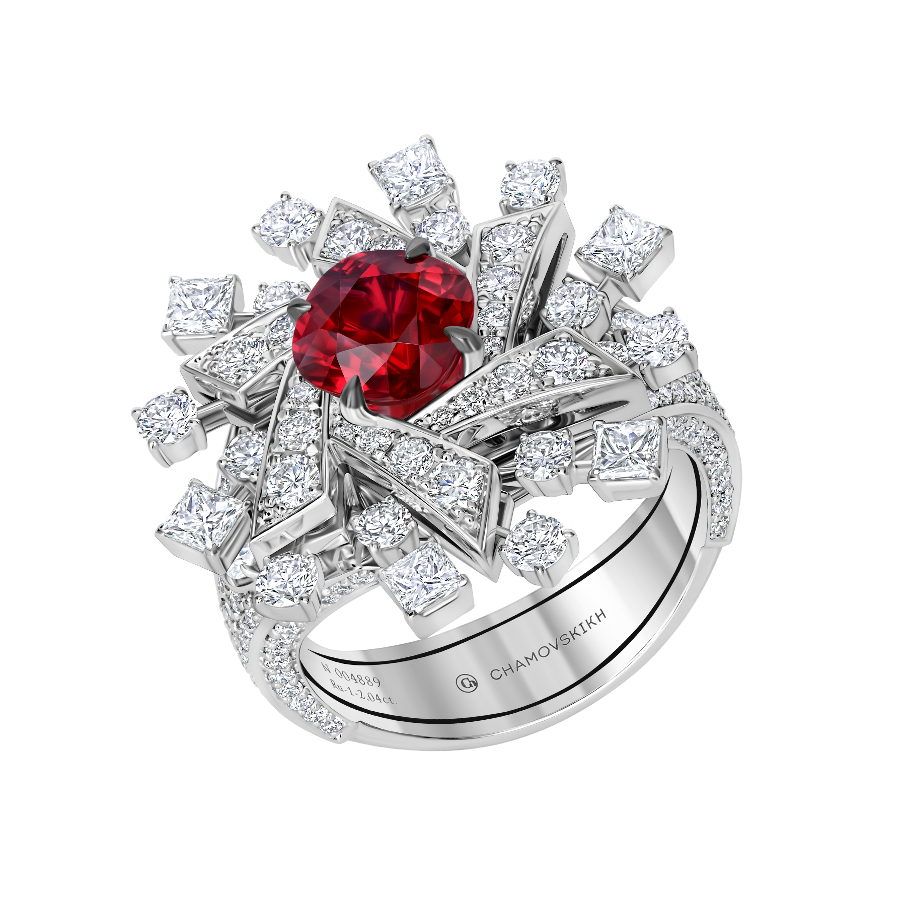 Кольцо с рубином и бриллиантами, белое золото