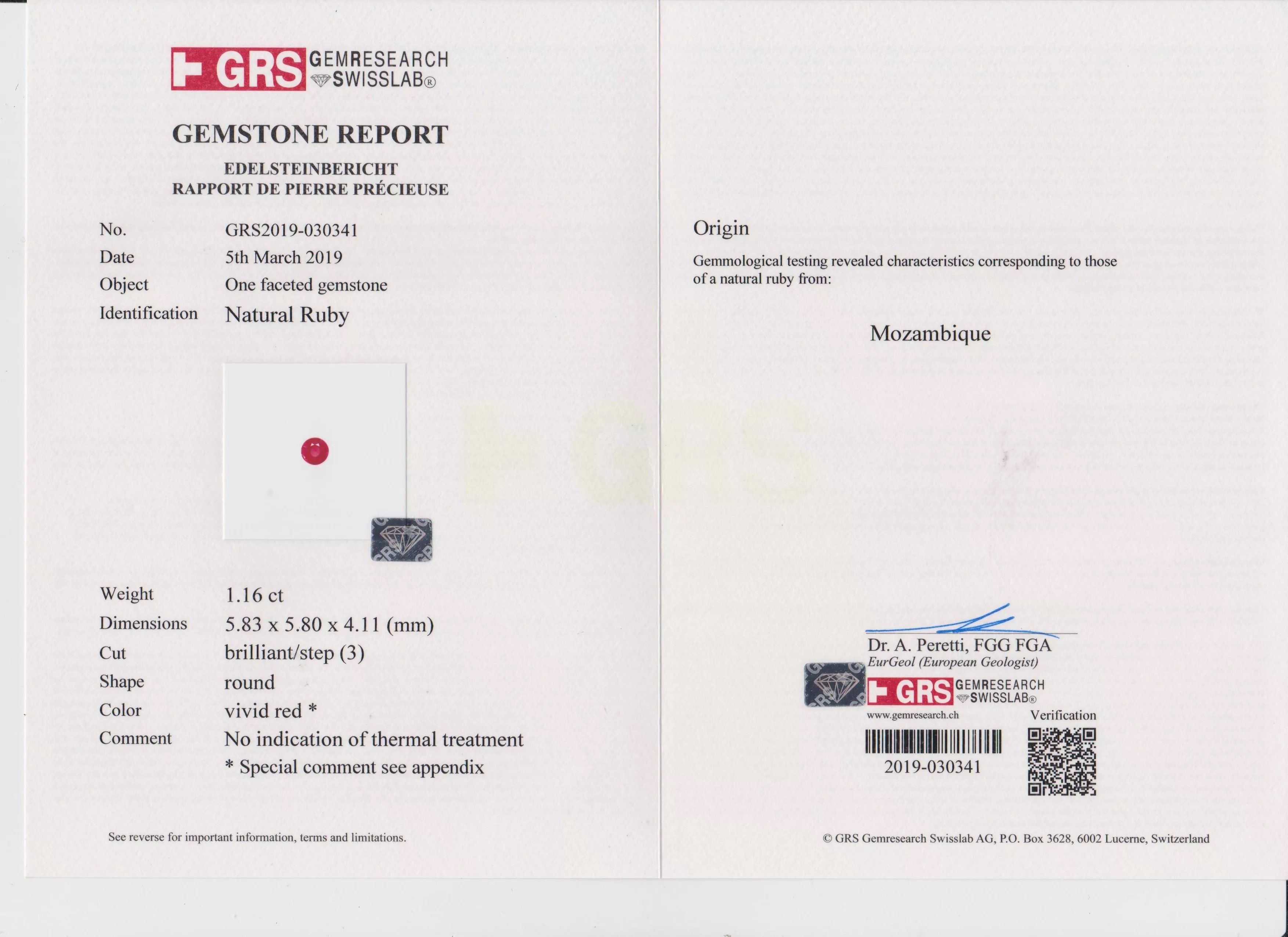 Рубин, MOZAMBIQUE, UNHEATED, круг, цвет Pigeon’s Blood, 1.16ct