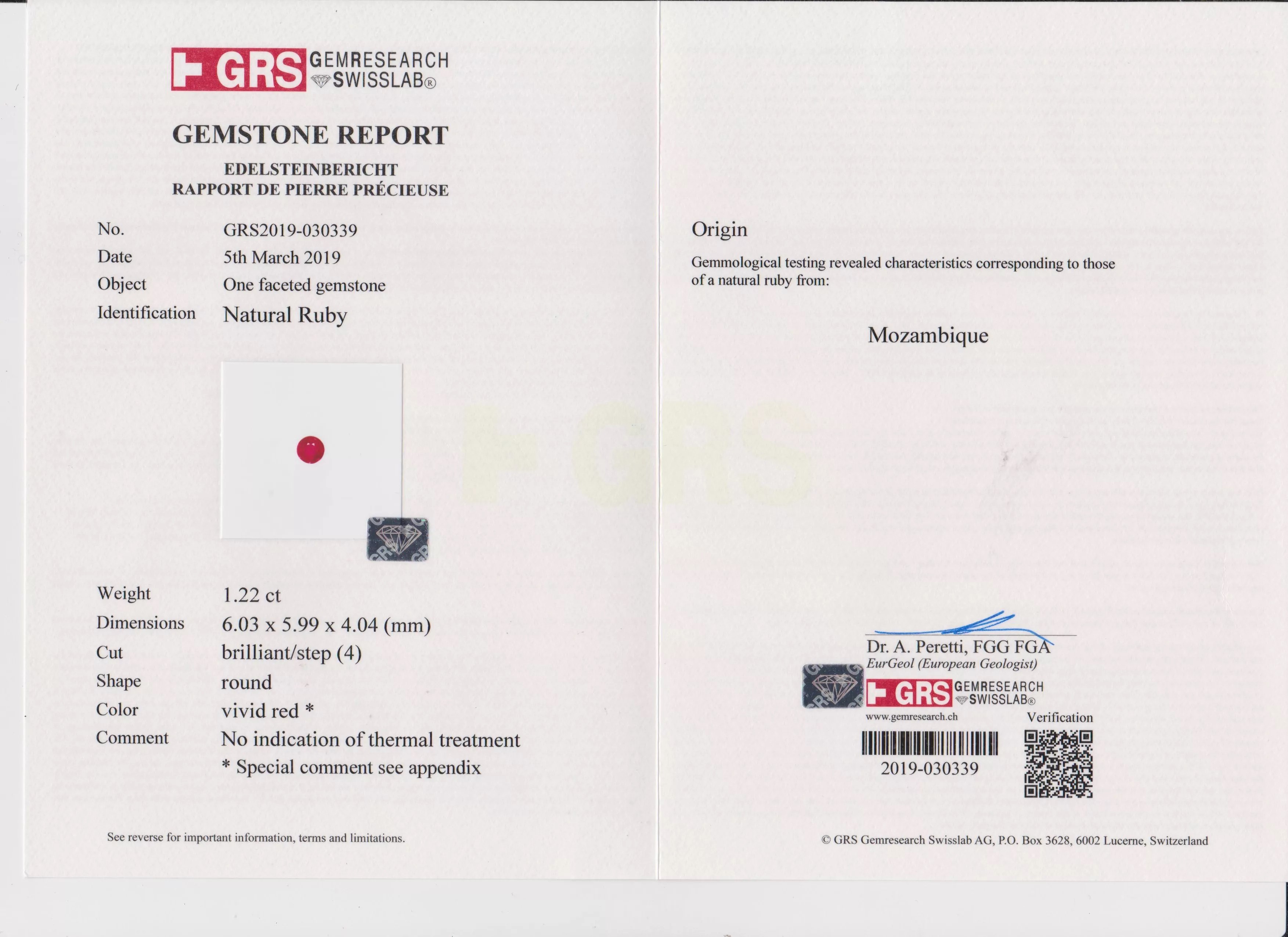 Рубин, MOZAMBIQUE, UNHEATED, круг, цвет Pigeon’s Blood, 1.22ct