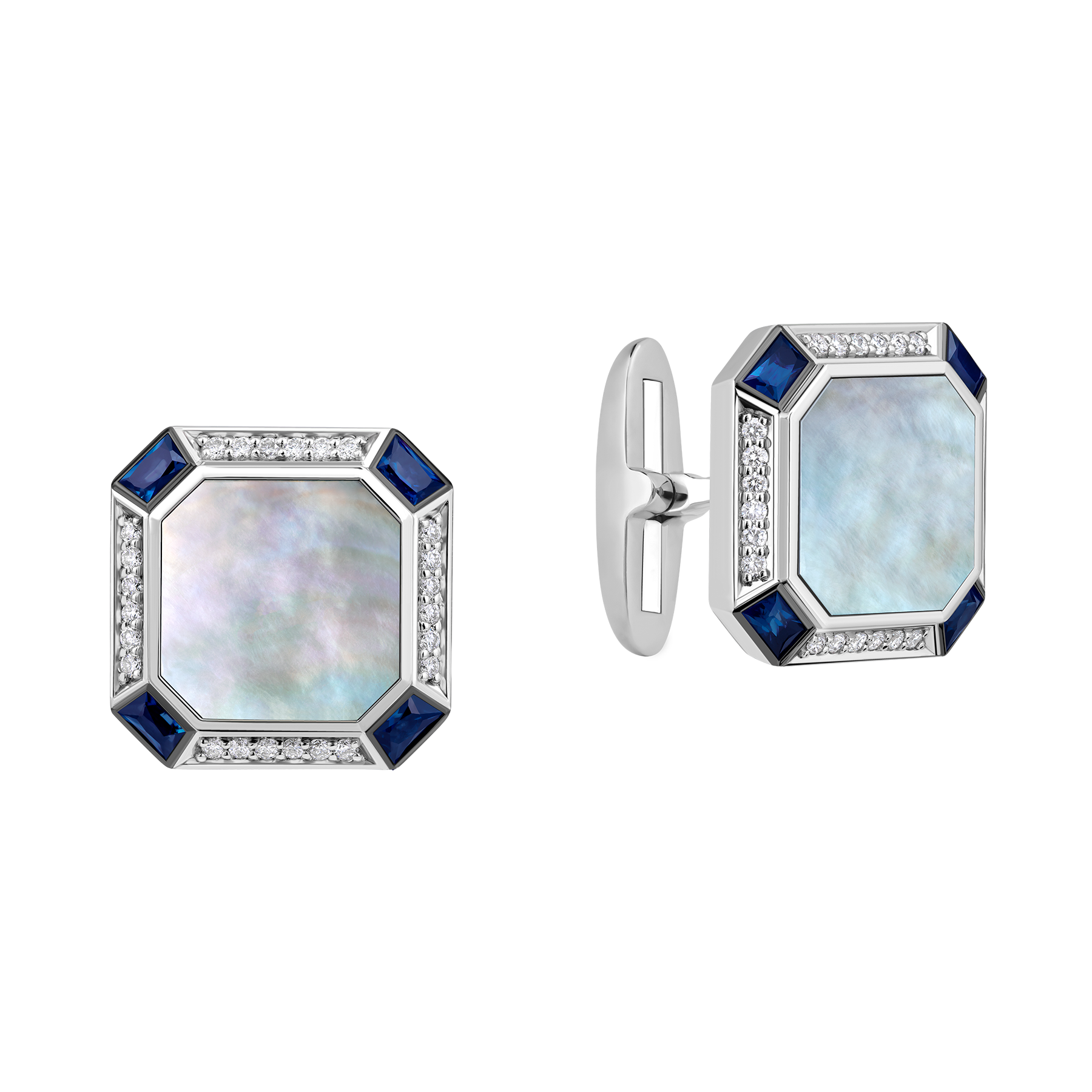Запонки с сапфирами и бриллиантами, белое золото