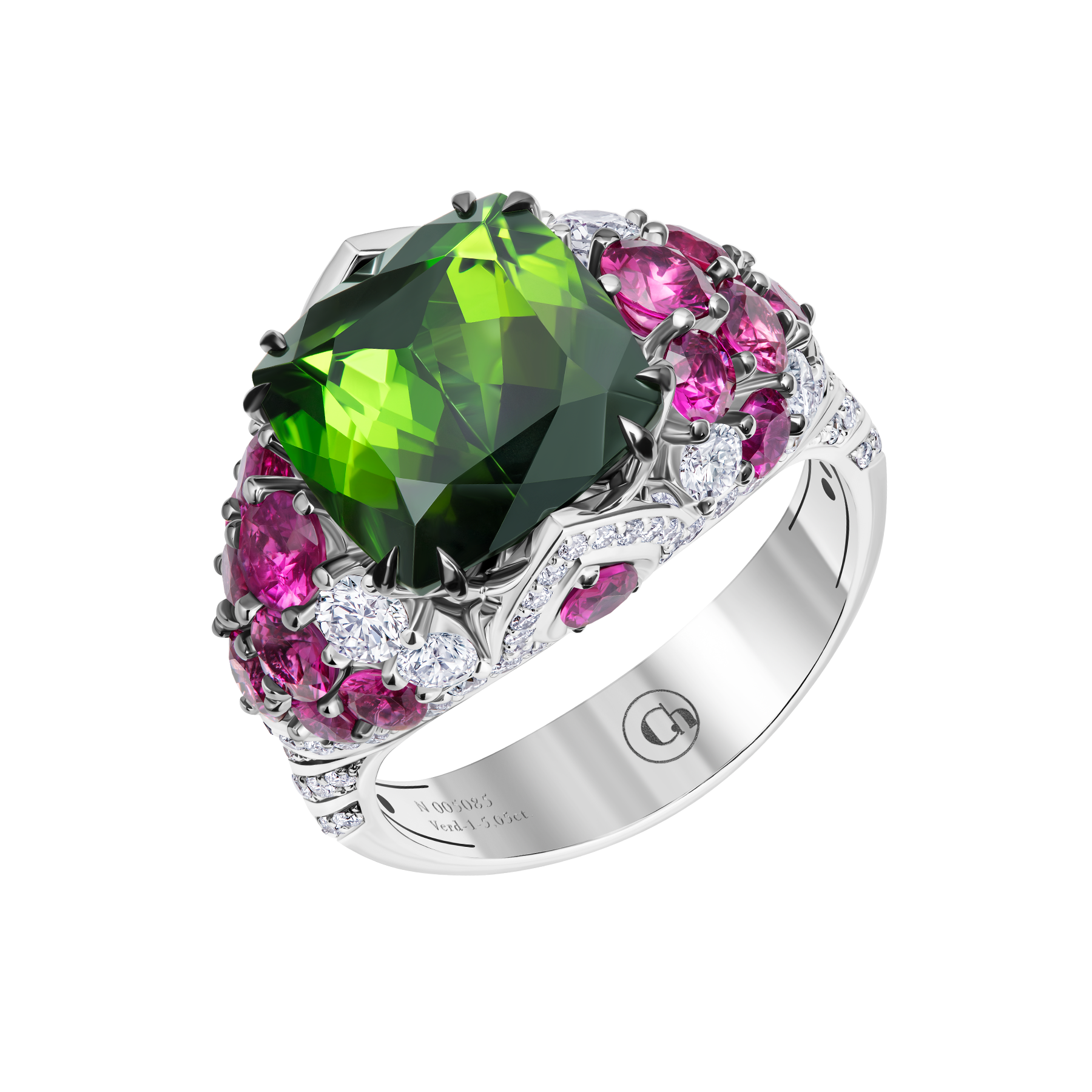 Кольцо с турмалином, бриллиантами и рубинами, белое золото