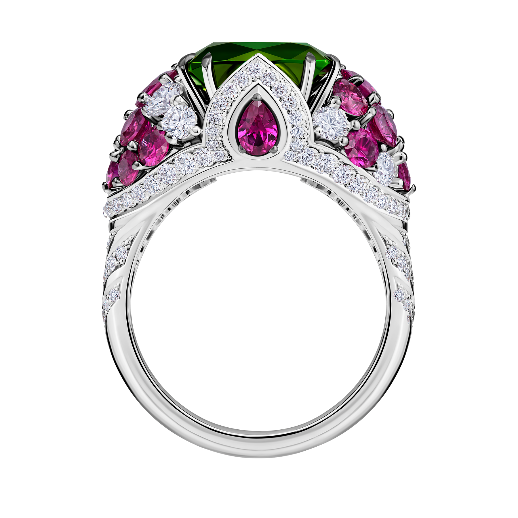 Кольцо с турмалином, бриллиантами и рубинами, белое золото