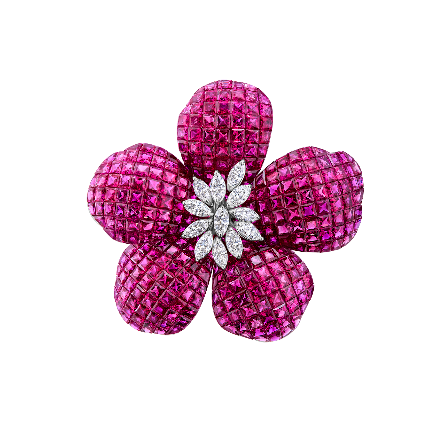 Брошь с рубинами и бриллиантами, белое золото