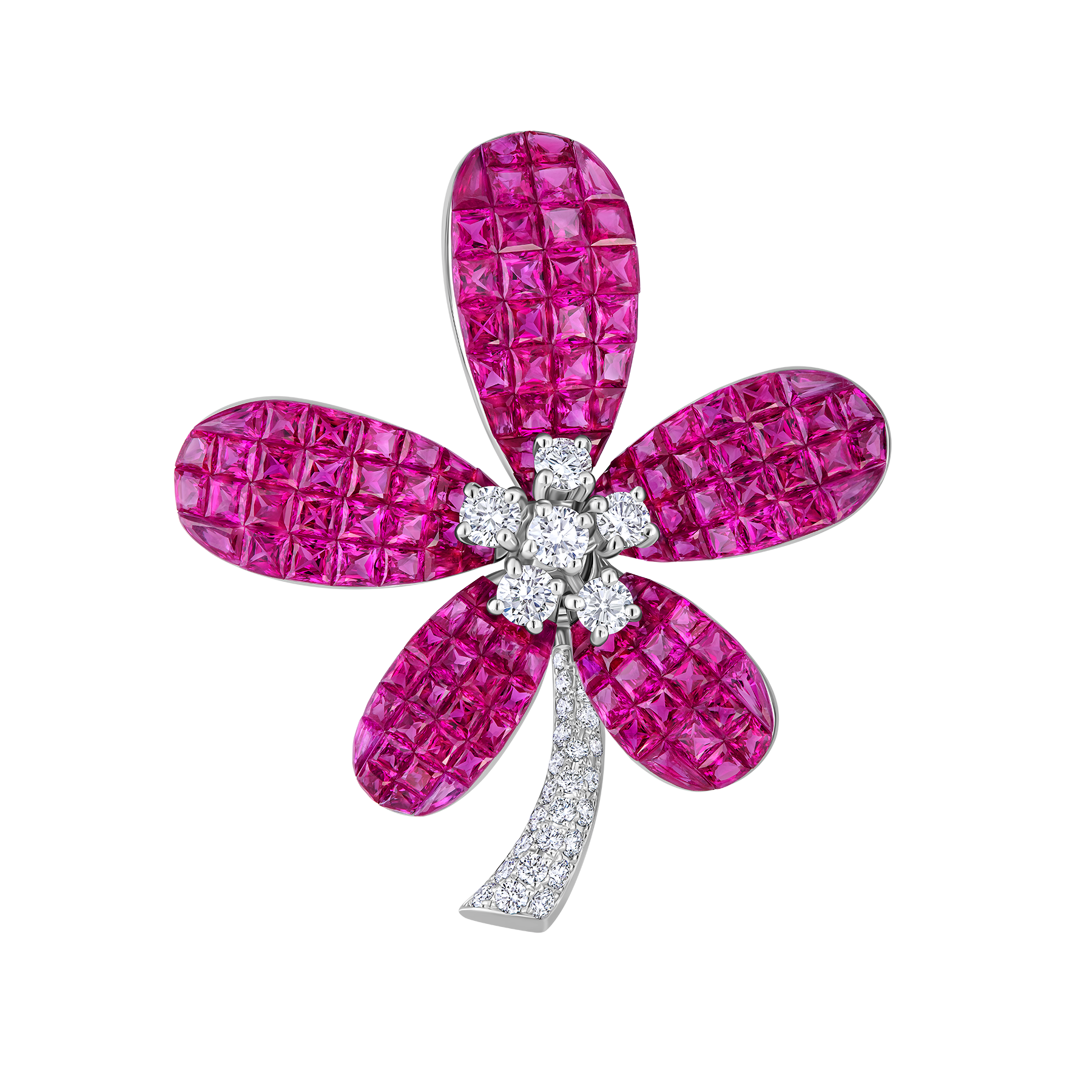 Брошь с рубинами и бриллиантами, белое золото