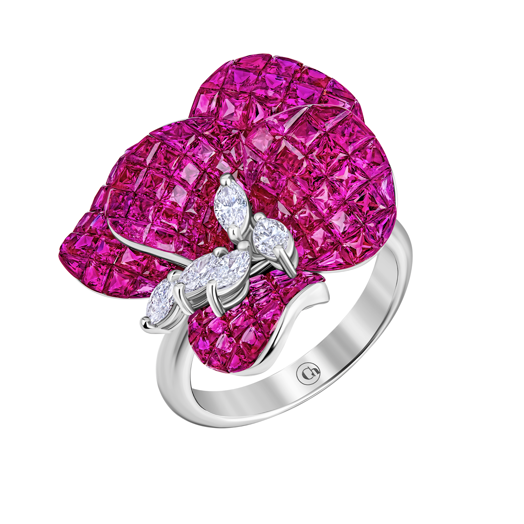 Кольцо с рубинами и бриллиантами, белое золото