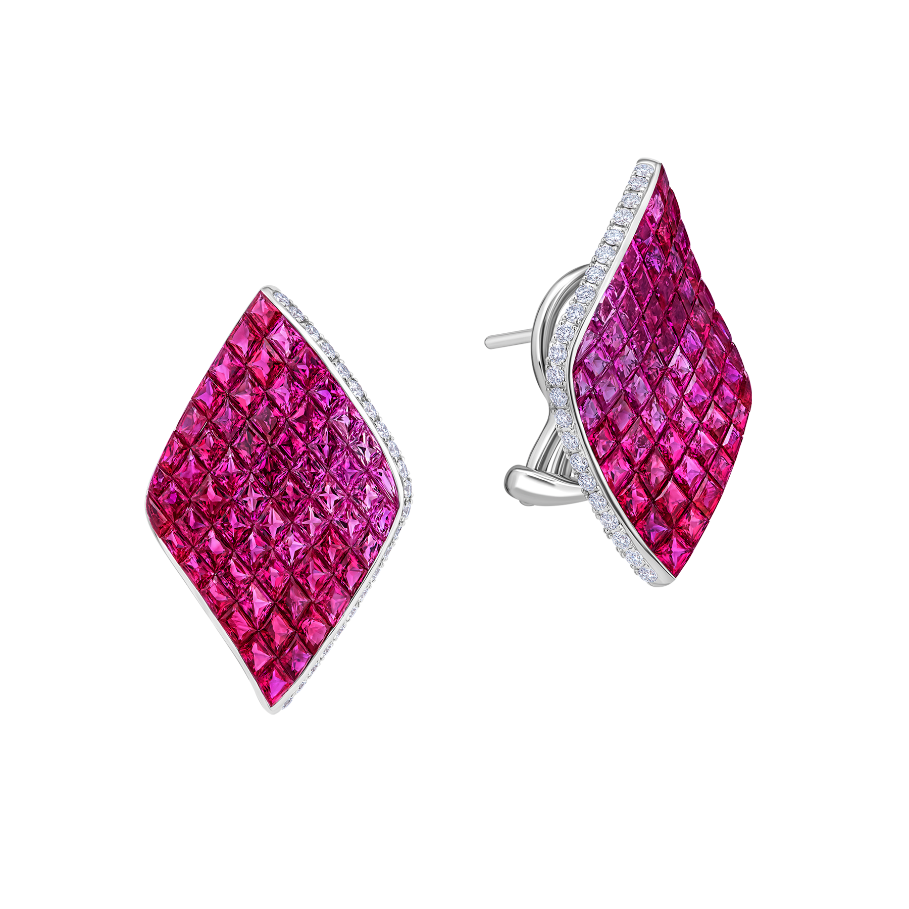 Серьги с рубинами, розовыми сапфирами и бриллиантами, белое золото
