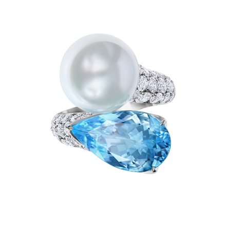 Кольцо с аквамарином, жемчугом и бриллиантами, белое золото 2