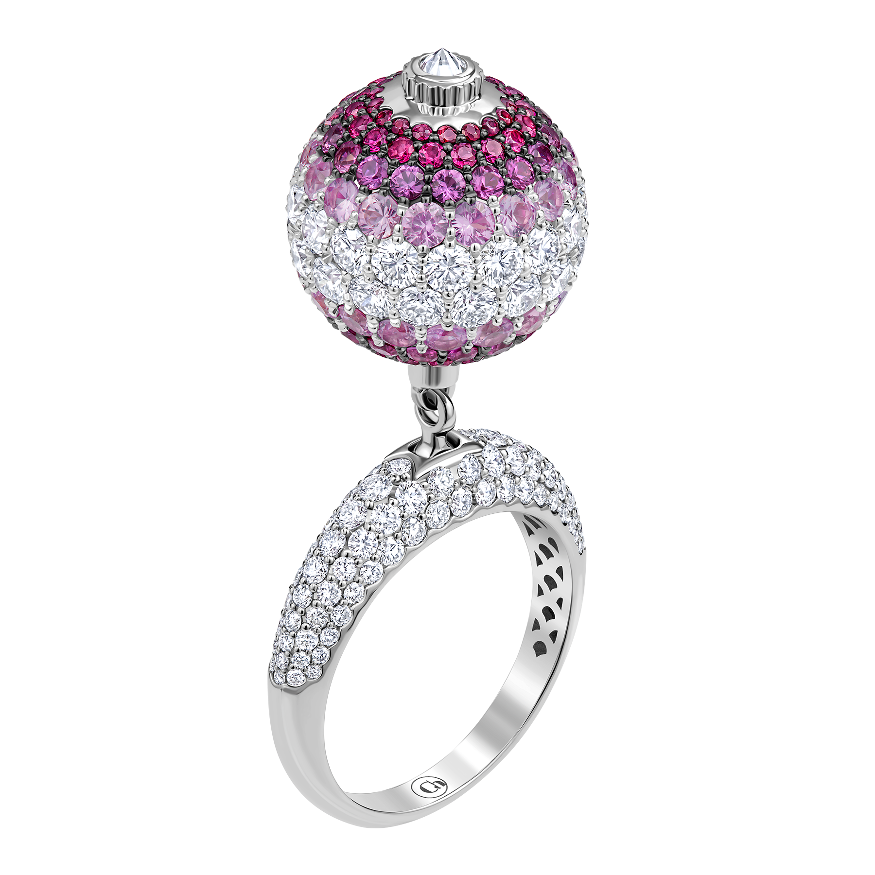 Кольцо с рубинами, розовыми сапфирами и бриллиантами, белое золото