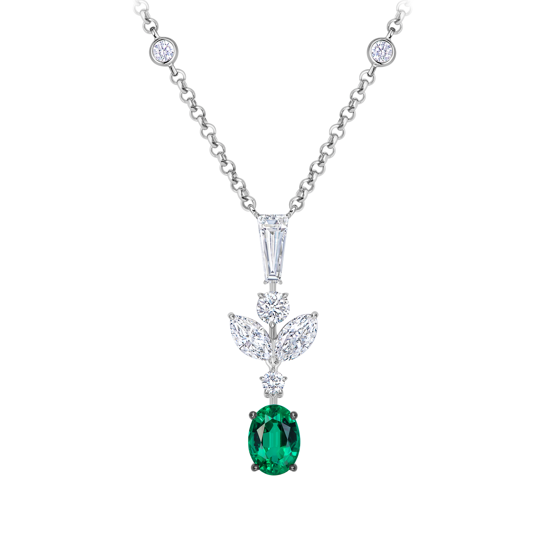 Колье с изумрудом и бриллиантами, белое золото