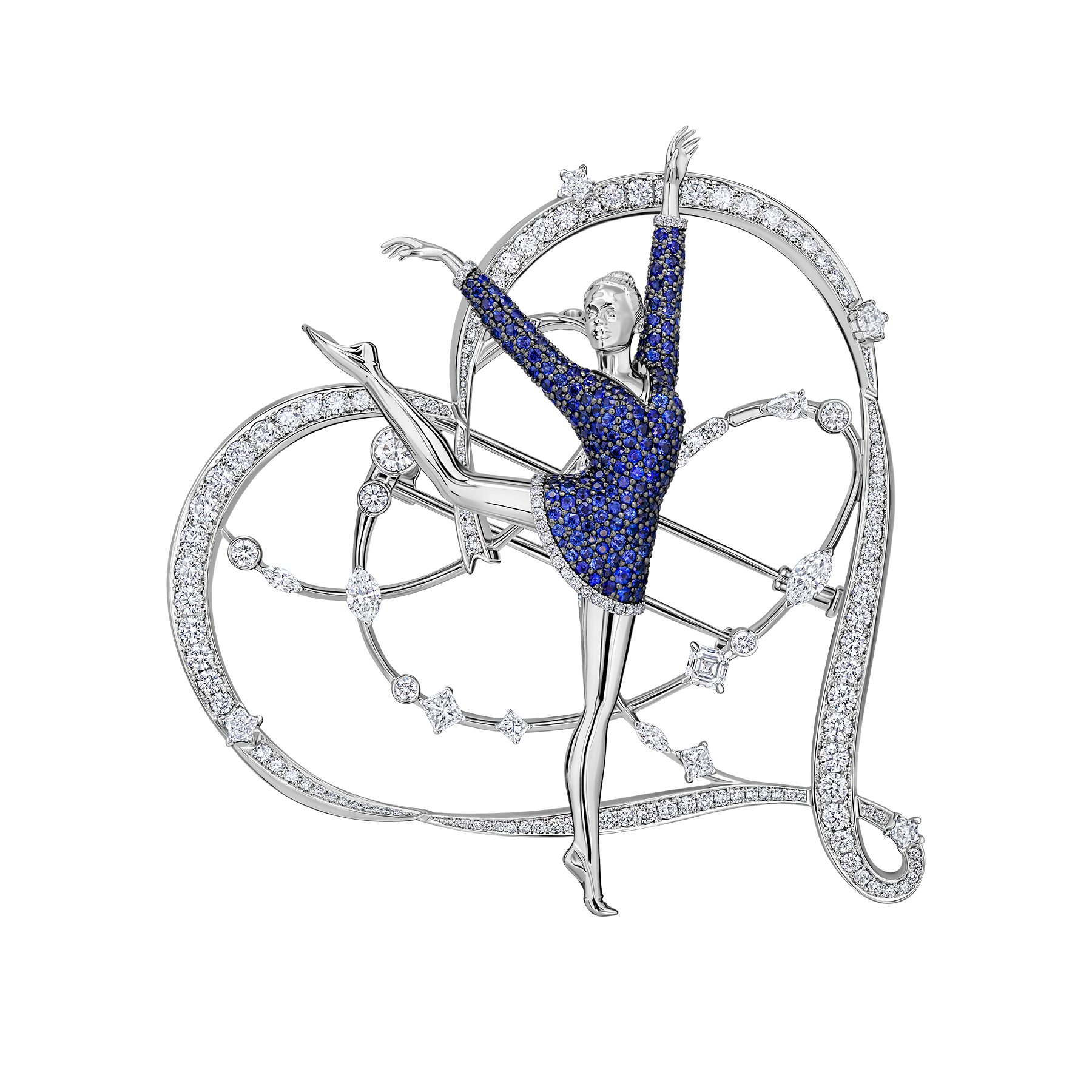 Брошь с сапфирами, рубинами и бриллиантами, белое золото