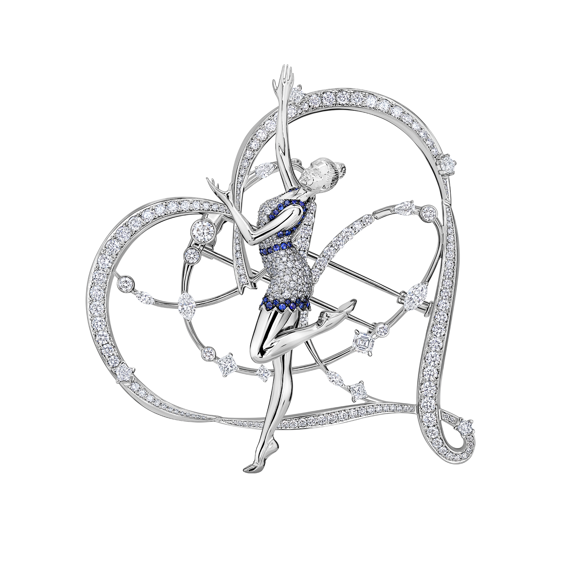 Брошь с сапфирами, рубинами и бриллиантами, белое золото