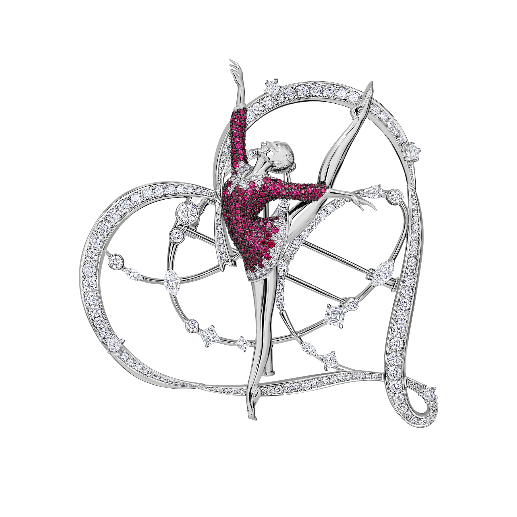 Брошь с сапфирами, рубинами и бриллиантами, белое золото