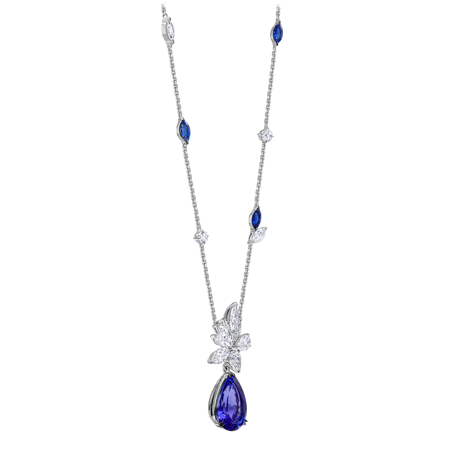 Колье с танзанитом, сапфирами и бриллиантами, белое золото