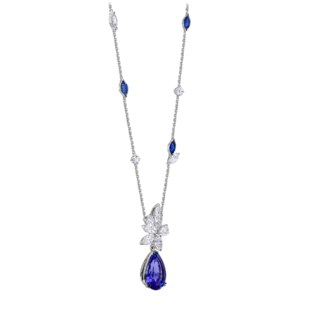 Колье с танзанитом, сапфирами и бриллиантами, белое золото 2