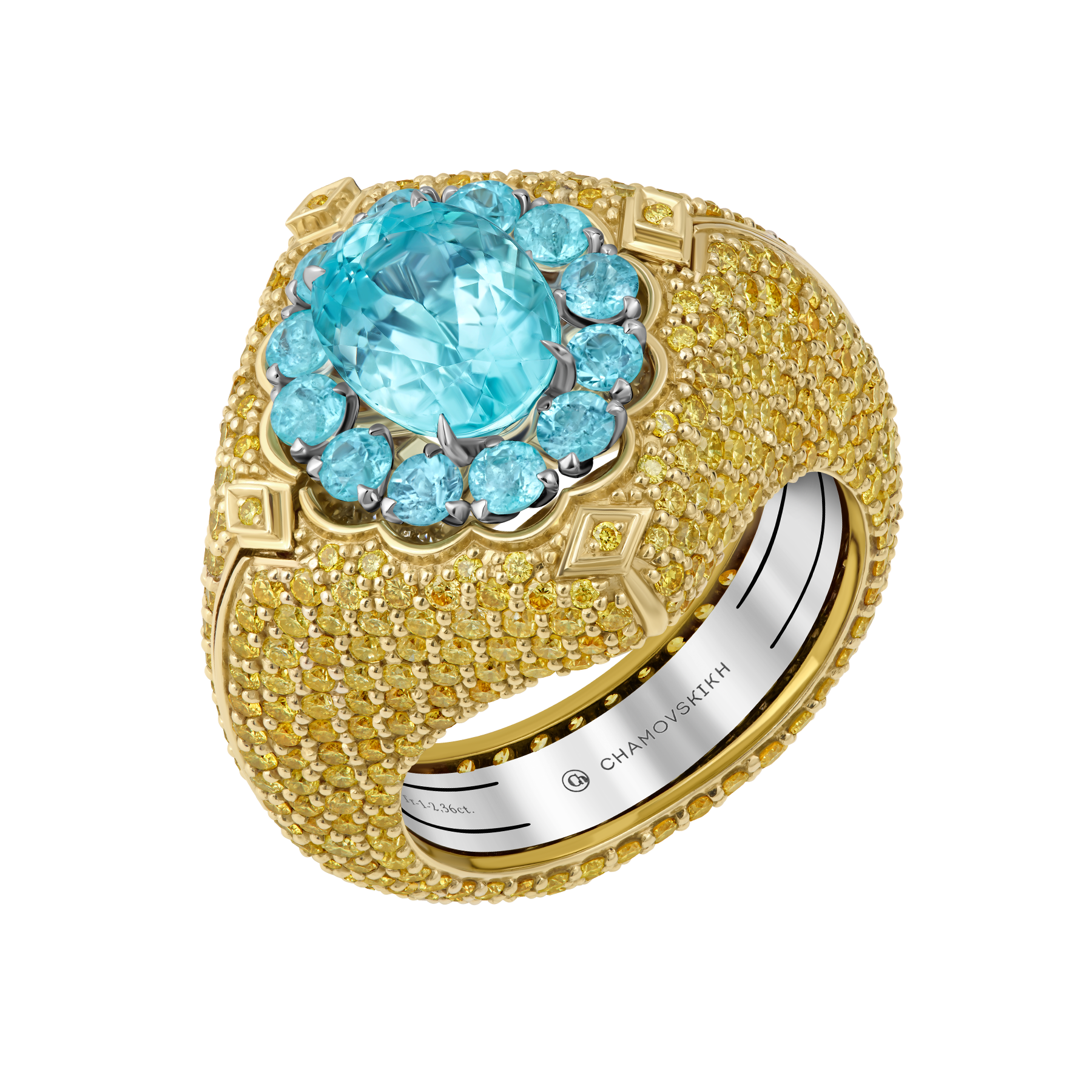 Кольцо с турмалинами параиба и бриллиантами, желтое и белое золото