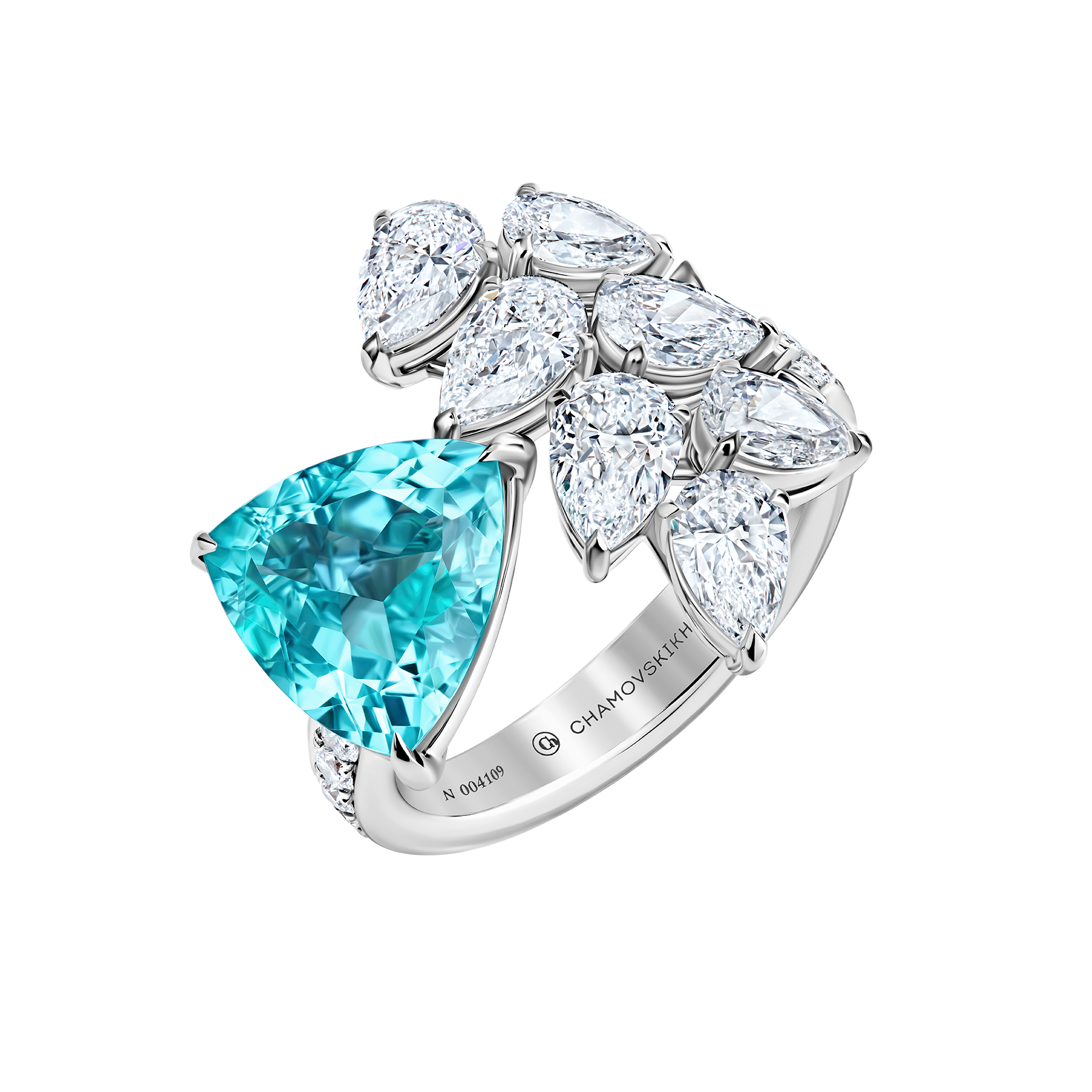 Кольцо с турмалином параиба и бриллиантами, белое золото