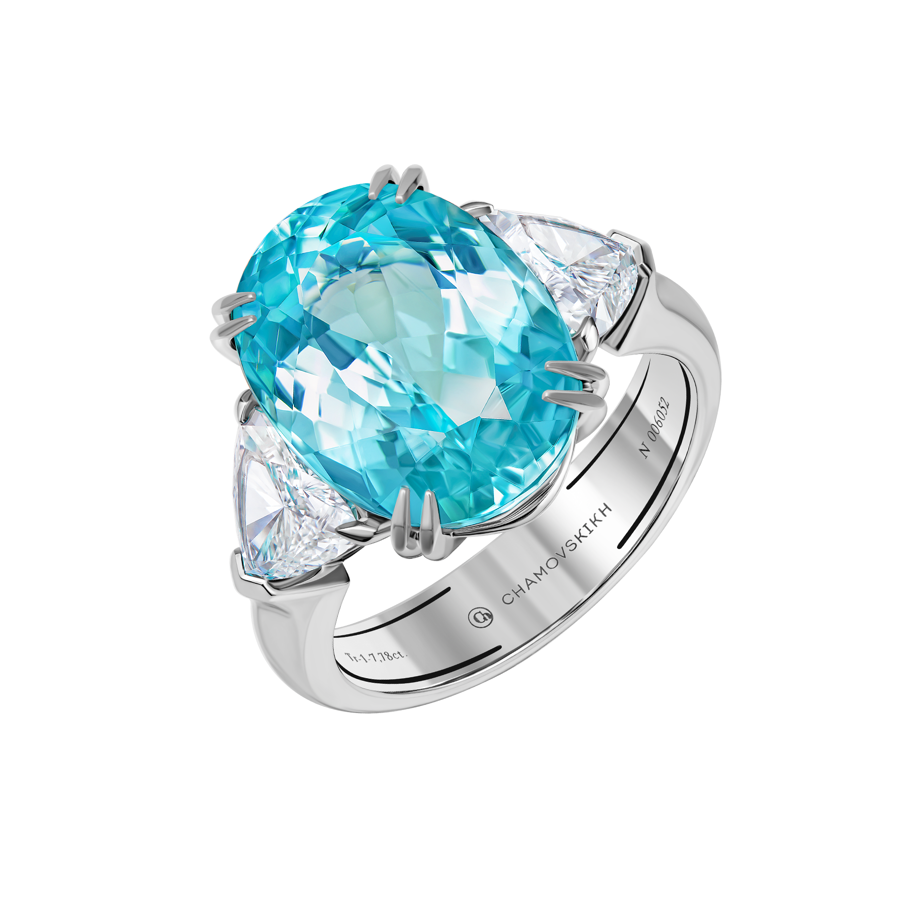 Кольцо с турмалином параибой и бриллиантами, белое золото