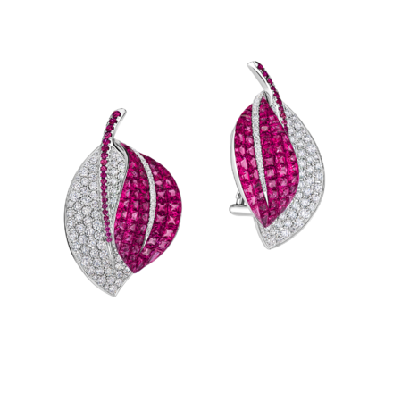 Серьги с рубинами, розовыми сапфирами и бриллиантами, белое золото 1