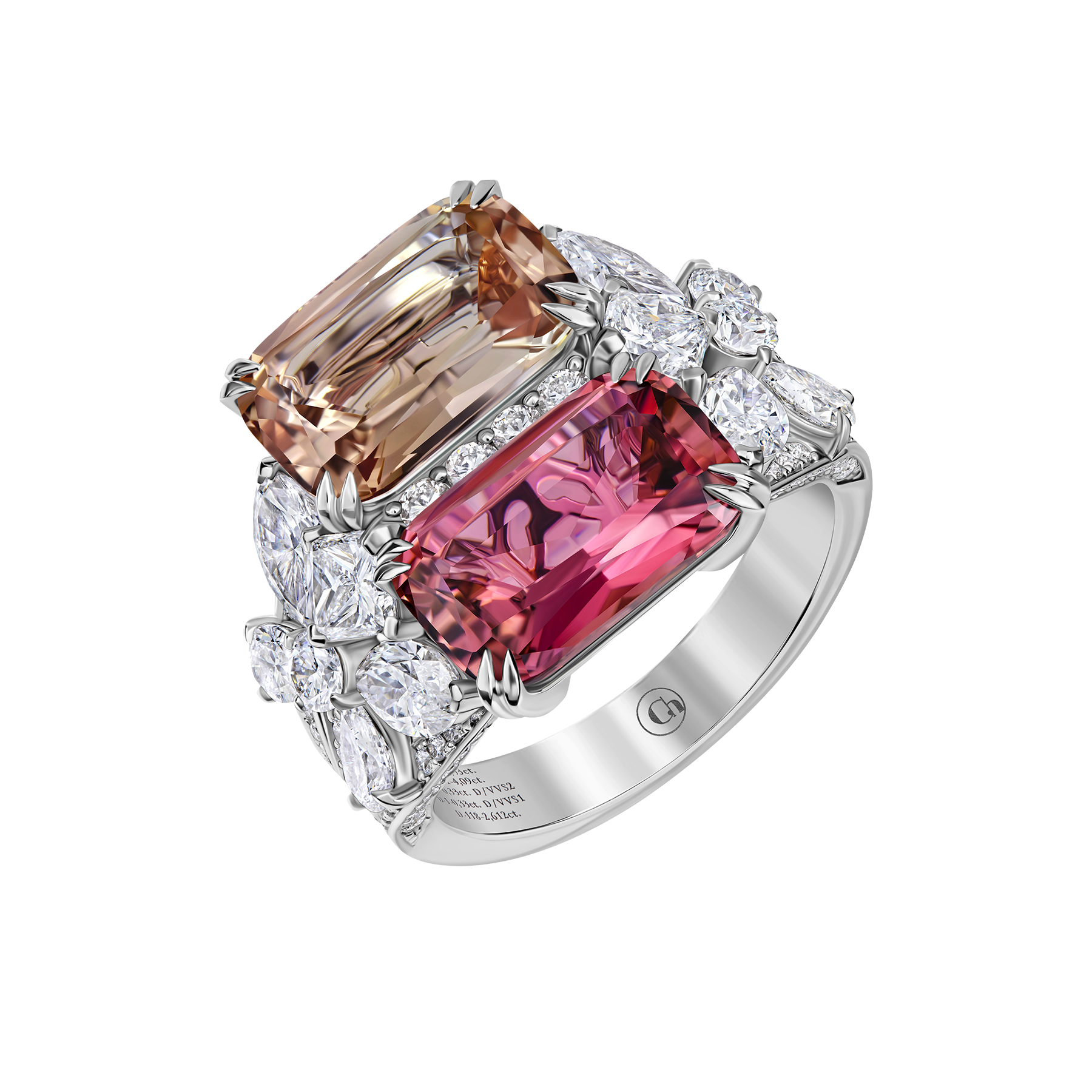 Кольцо с турмалинами и бриллиантами, белое золото