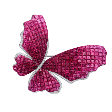 Брошь с рубинами, розовыми сапфирами и бриллиантами, белое золото 1