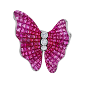 Кольцо с рубинами, розовыми сапфирами и бриллиантами, белое золото