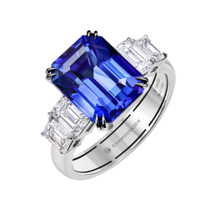 Кольцо с сапфиром и бриллиантами, белое золото 1