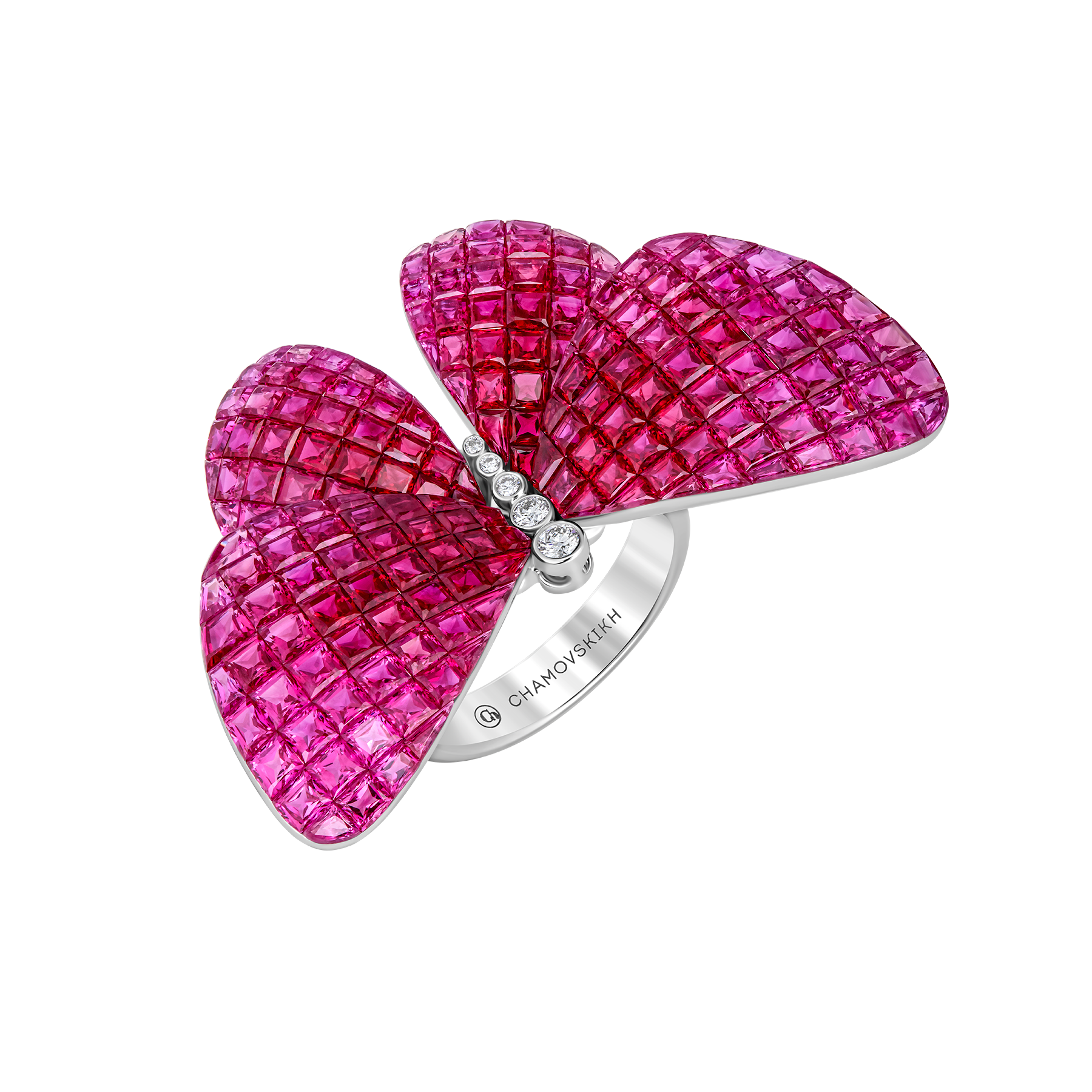 Кольцо с рубинами и бриллиантами, белое золото