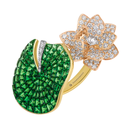 Кольцо с тсаворитами и бриллиантами, желтое золото 1