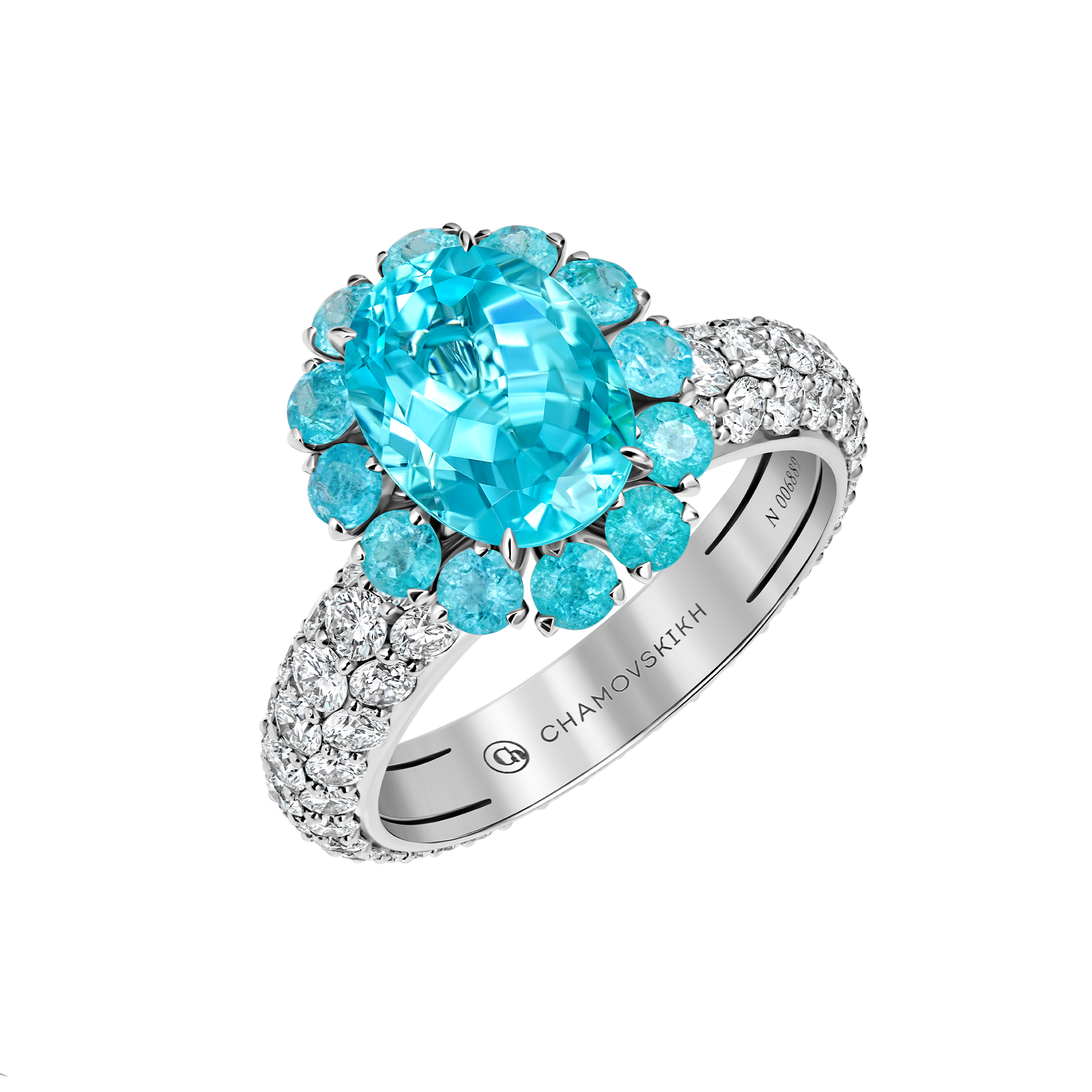 Кольцо с турмалином параибой и бриллиантами, белое золото