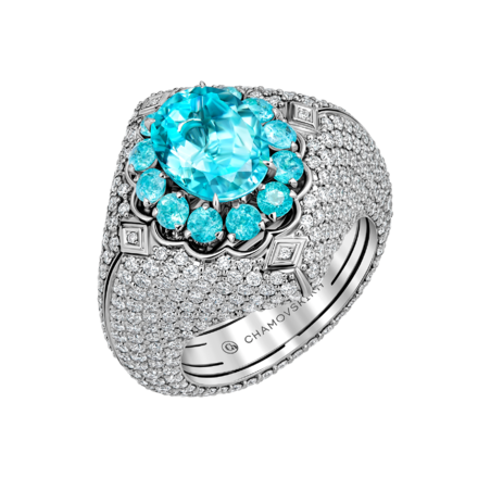 Кольцо с турмалином параибой и бриллиантами, белое золото 1