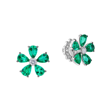 Пусеты с изумрудами и бриллиантами, белое золото 1
