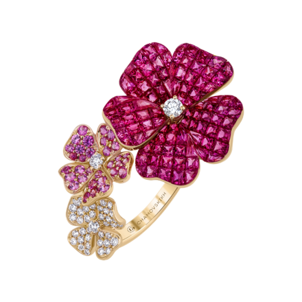 Кольцо с рубинами, розовыми сапфирами и бриллиантами, розовое золото 1