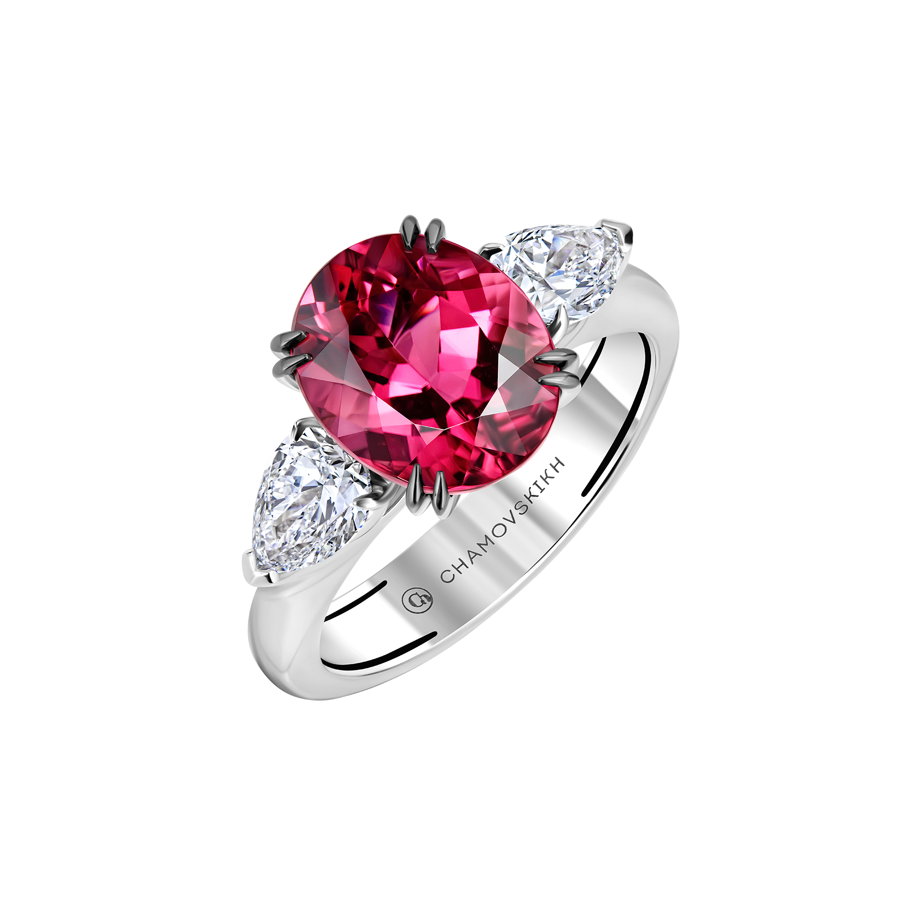 Кольцо с турмалином рубеллитом и бриллиантами, белое золото