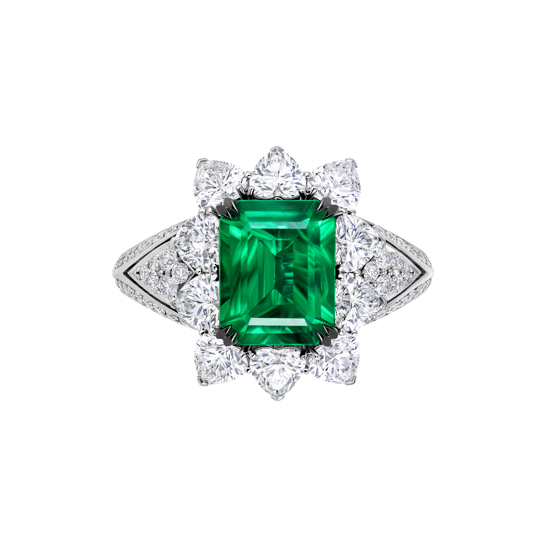 Кольцо с изумрудами и бриллиантами, белое золото