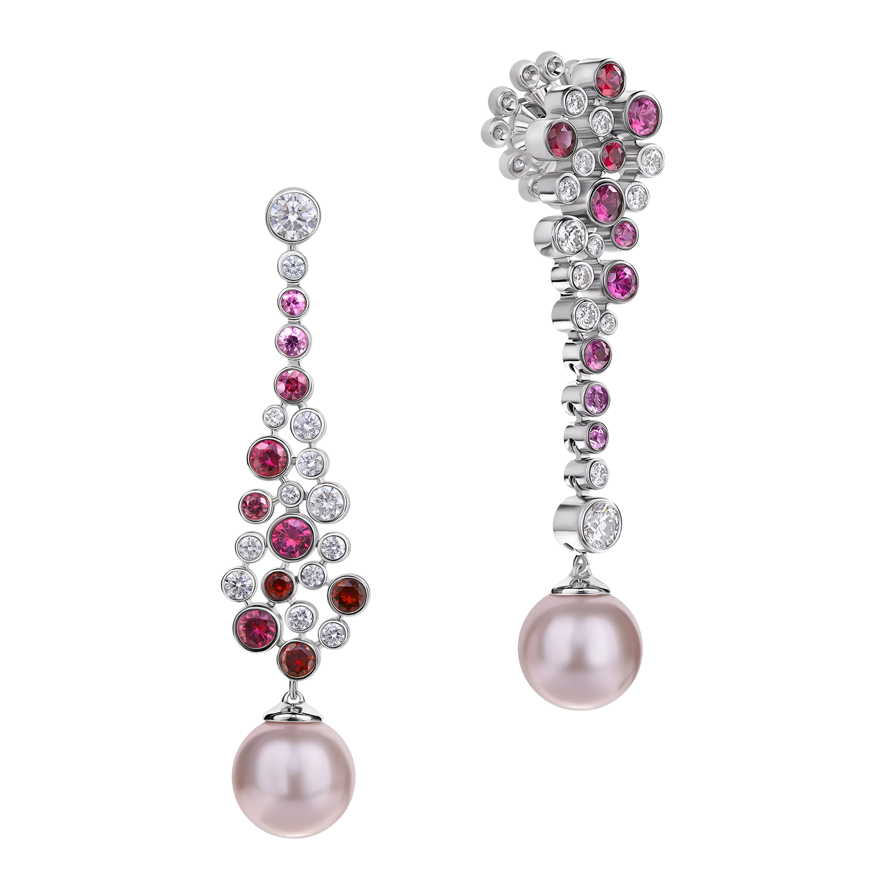 Пусеты с бриллиантами, розовыми сапфирами и рубинами, жемчуг культивированный, белое золото
