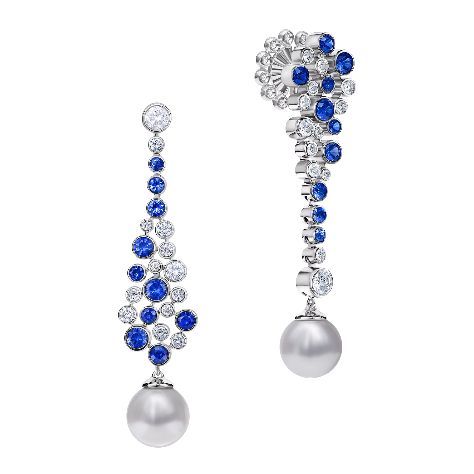 Пусеты с жемчугом, бриллиантами и сапфирами, белое золото